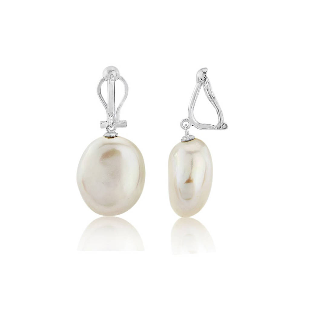 Large White Pearl Clip Earrings By Argent of London