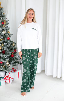 Family Christmas Personalised Snowflake Pyjamas In Red And Green, 6 of 10