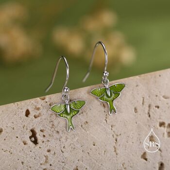 Sterling Silver Lunar Moth Enamel Drop Hook Earrings, 2 of 10