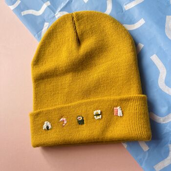 Unisex Hand Embroidered Mustard Beanie With Sushi, 6 of 6