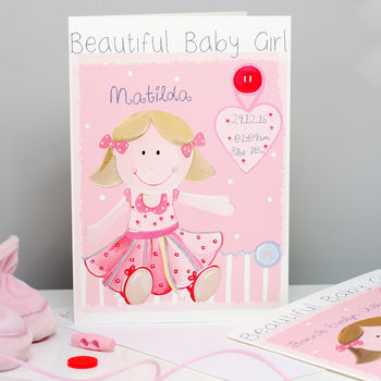 Personalised Rag Doll New Baby Girl Card, 6 of 9
