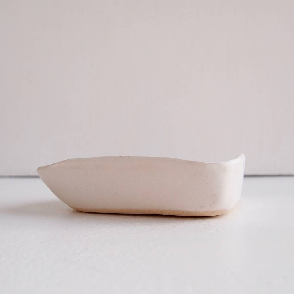 handmade satin white triangular ceramic condiment dish by