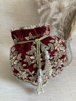 Maroon Velvet Handcrafted Potli Bag, 8 of 10