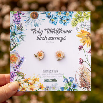 Inky Wild Rose Wildflower Birch Stud Earrings, 7 of 11