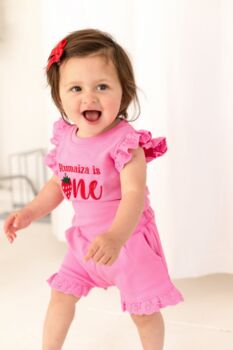 Personalised Embroidered Strawberry First Birthday Lace Trim T Shirt And Short Set, 2 of 5
