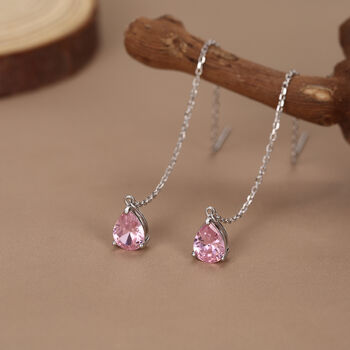 Sterling Silver Tourmaline Pink Cz Droplet Threader Earrings, 2 of 11