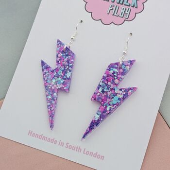 Lilac Glitter Large Lightning Bolt Resin Earrings, 2 of 4