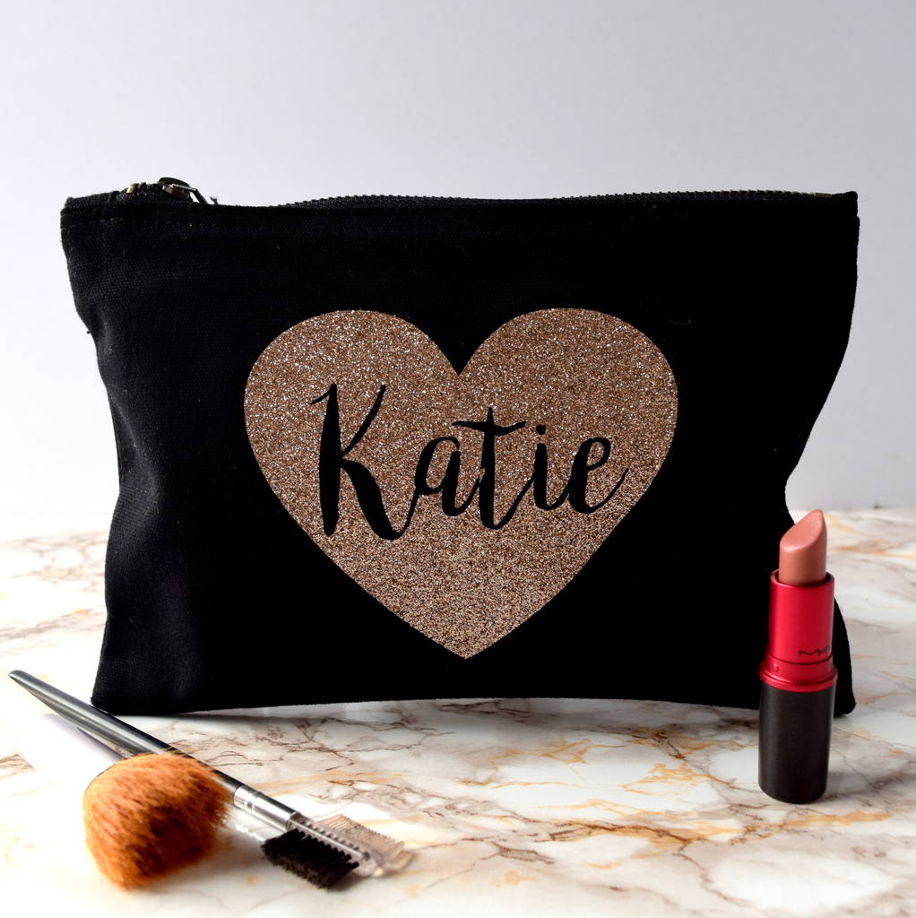 Personalised Sparkly Rose Gold Heart Make Up Bag, 1 of 2