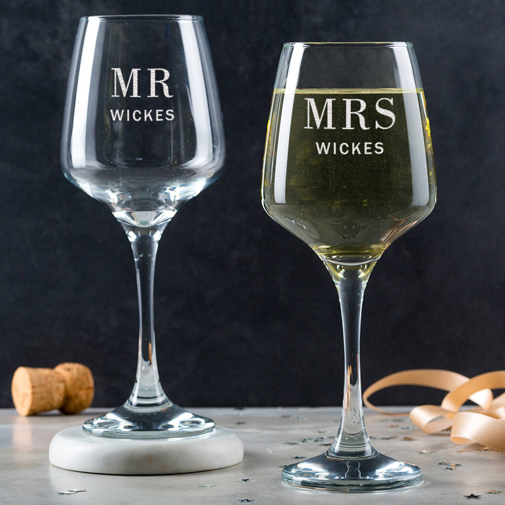 Personalised Engraved Wine Glasses Mr And Mrs Wedding Gifts, 1 of 6