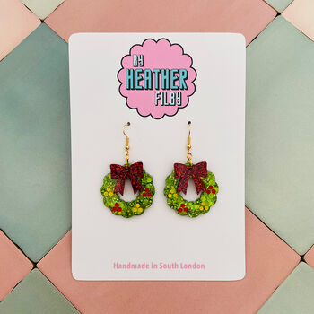 Green Christmas Wreath Glitter Resin Earrings, 5 of 8
