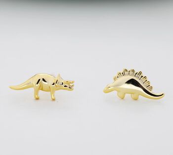Mismatched Stegosaurus And Triceratops Dinosaur Stud Earrings In Sterling Silver, 4 of 12