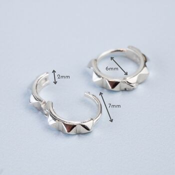 Sterling Silver Pyramid Spike Huggie Hoop Earrings, 2 of 4