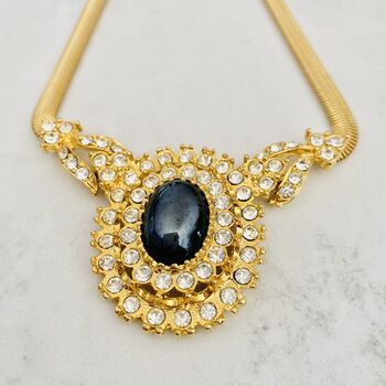 Vintage 1980s Goldplated Black Cabochon Crystal Pendant, 2 of 8