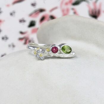 Peridot And Pink Tourmaline Flower Ring, 3 of 7