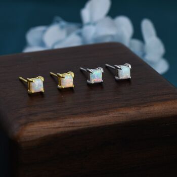 White Opal Square Stud Earrings In Sterling Silver, 6 of 12