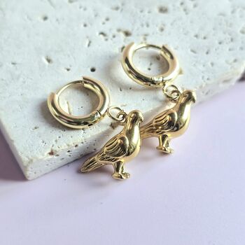 Gold Plated Pigeon Huggie Hoop Earrings Handmade, 3 of 4