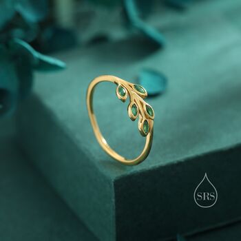 Sterling Silver Green Cz Leaf Ring, 5 of 12