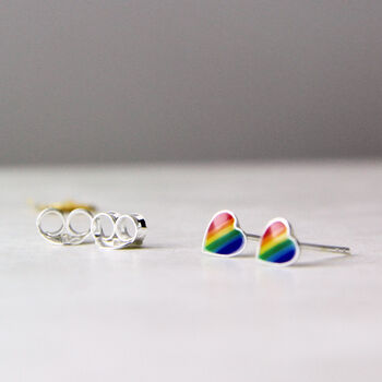 Sterling Silver Rainbow Enamel Heart Stud Earrings, 3 of 10
