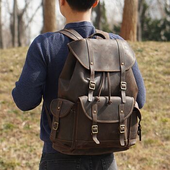 Military Style Genuine Leather Backpack In Brown, 3 of 12