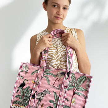 Jungle Print Large Quilted Cotton Tote Bag In Pink, 4 of 7