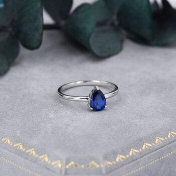 Created Blue Sapphire Droplet Ring In Sterling Silver, 6 of 8