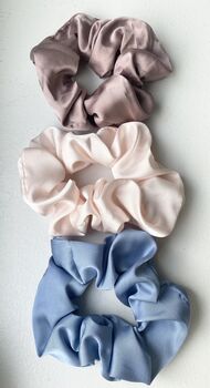 Lina Soft Scrunchie Set Of Three Blue Blush Pink Mauve, 2 of 5