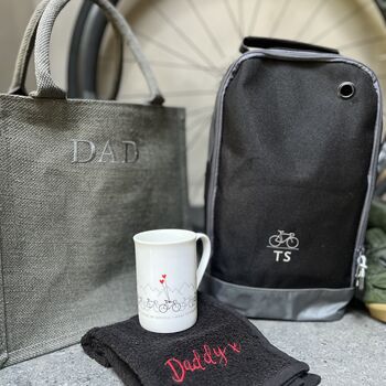 Personalised Cycling Gift Set Including A Shoe Bag, Mug And Towel, 2 of 4