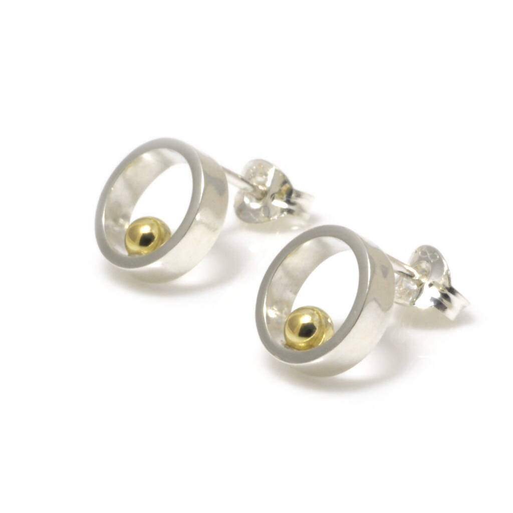 Silver With Gold Ball Open Circle Stud Earrings, 1 of 8