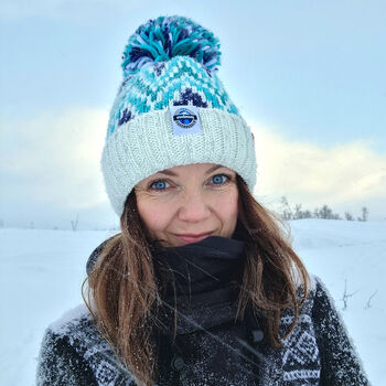 Andrea Hall Alpine Midnight Zig Zag Super Bobble Hat, 8 of 8