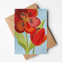Amber Glow Tulip Flower Greeting Card, Illustrated, Red And Orange, Bold Garden Flower, thumbnail 1 of 2