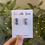 Blue And Gold Flower Print Ceramic Bar Stud Earrings, Minimalist Rectangular Studs, thumbnail 2 of 8