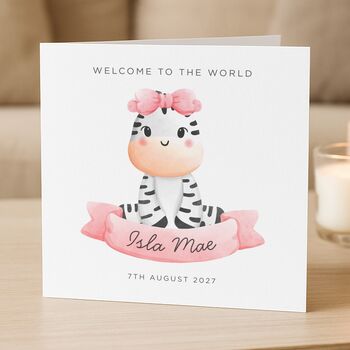 Personalised Cute Zebra New Baby Girl Card, 2 of 8