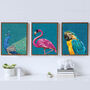 Set Of Three Turquoise Bird Peacock Flamingo Art Print, thumbnail 1 of 8
