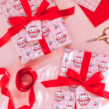Gingham Teacup Cat Christmas Wrapping Paper Set, 2 of 2