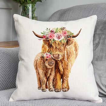 Highland Cow Floral Cushion, 2 of 3