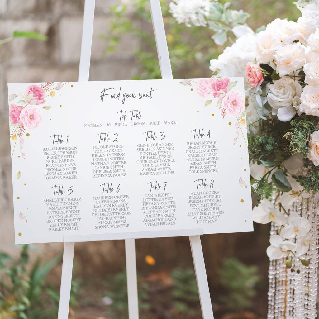 Pink And Gold Floral Acrylic Wedding Table Seating Plan