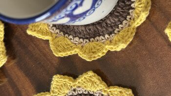Six Crochet Coasters, Blue White, Citrus, Sunflower, 6 of 12