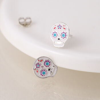 Sterling Silver Sugar Skull Stud Earrings: Día De Los Muertos – 10mm, 2 of 4