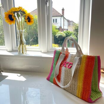 Personalised Connie Rainbow Stripe Straw Patch Tote Bag, 3 of 4