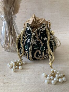 Emerald Green Velvet Potli/Wrist Bag, 6 of 10