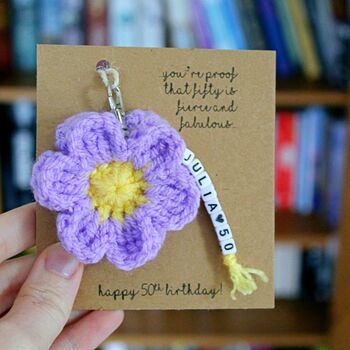Personalised 40 50th 60 Birthday Crochet Flower Keyring, 2 of 5