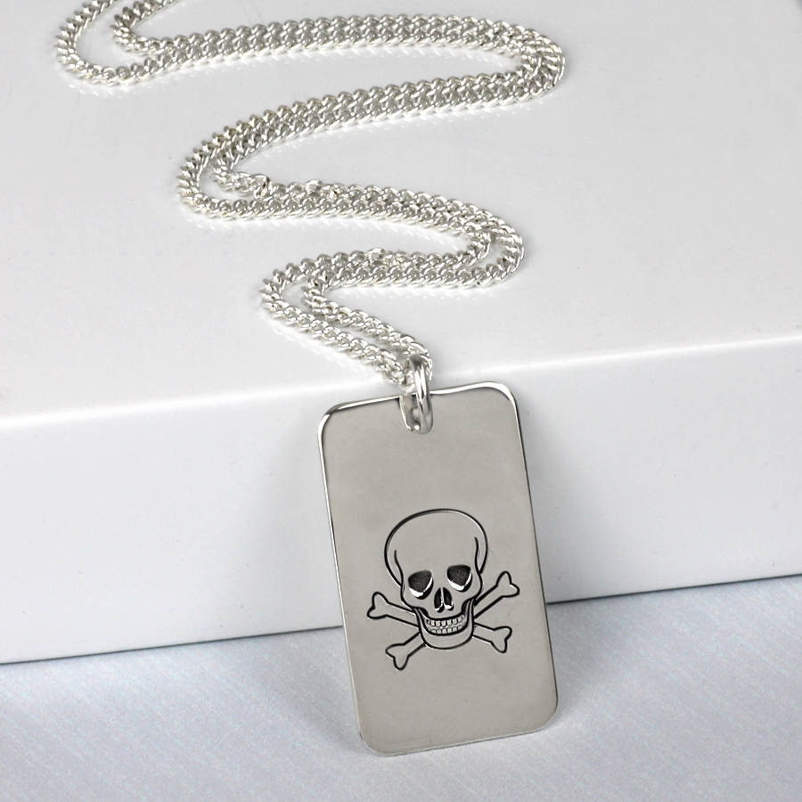 silver skull and crossbones dog tag necklace by hersey silversmiths