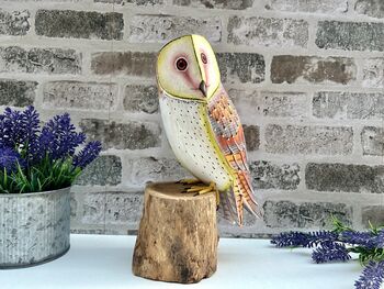 Large 30cm Hand Carved Painted Intricate Wooden Barn Owl Figurine For Bird Lovers, 6 of 10