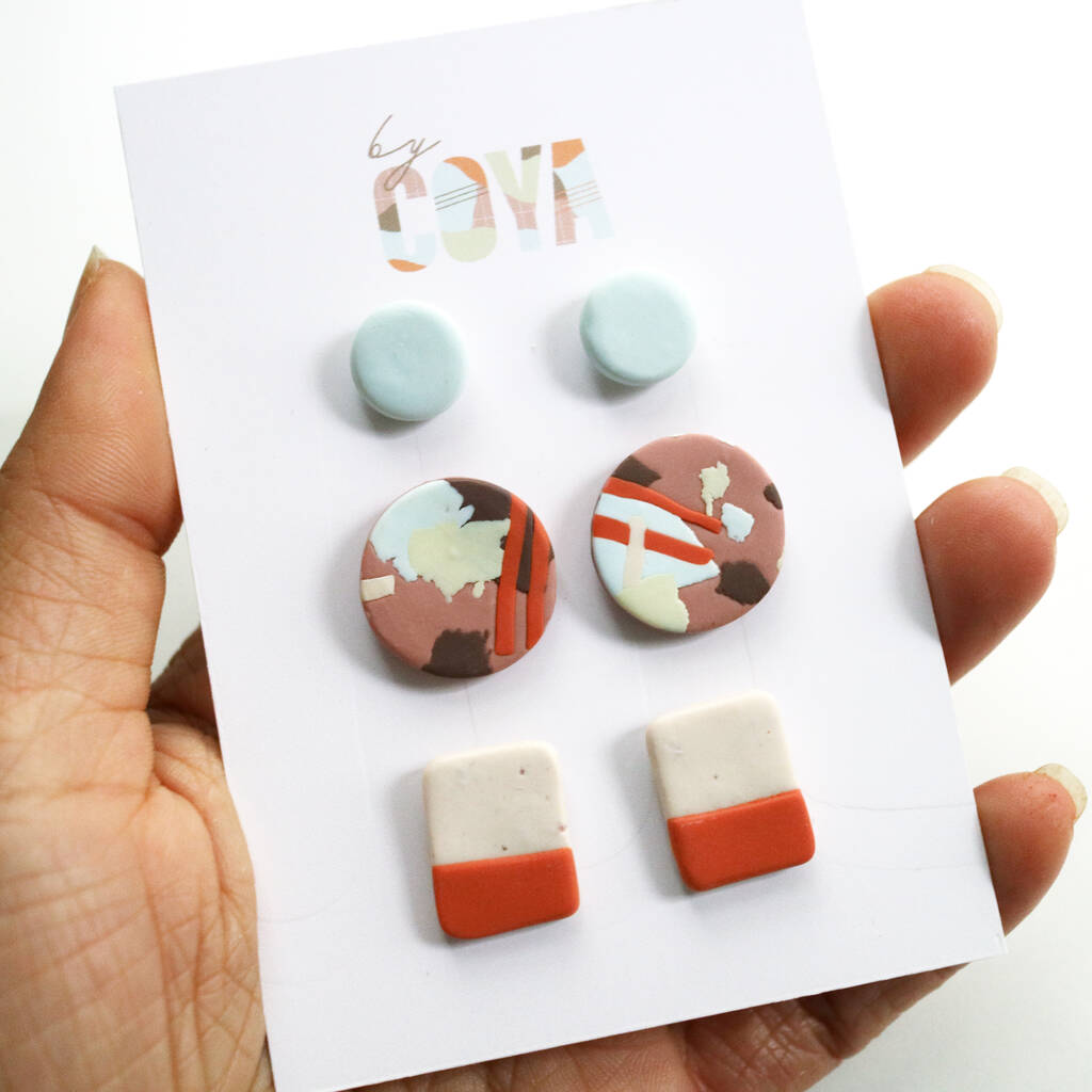 Three Pairs Of Handmade Polymer Clay Stud Earrings By By Coya