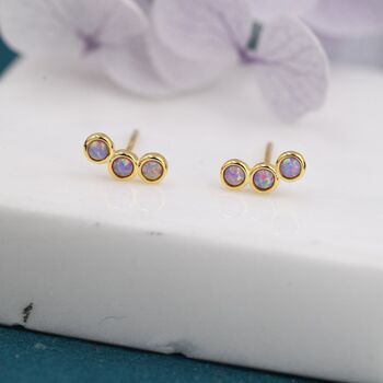 Sterling Silver Tiny Purple Opal Trio Stud Earrings, 2 of 12