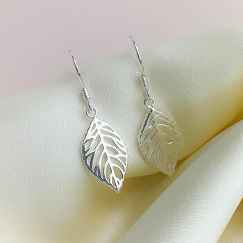 Sterling Silver Minimalist Leaf Dangle Earrings, 3 of 4