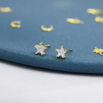 Clear Cz Star Stud Earrings In Sterling Silver, 2 of 9