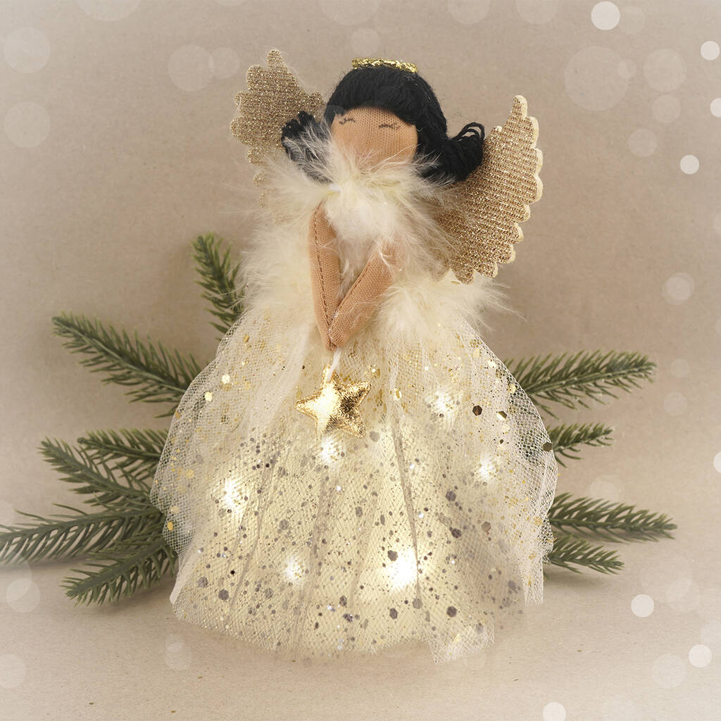 Gold Dark Haired Light Up Tree Topper Angel Decoration, 1 of 11