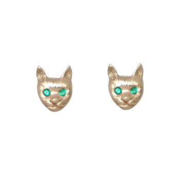 9ct Gold And Emerald Cat Face Earrings, 2 of 3