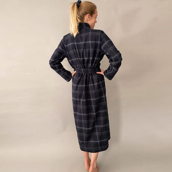 Ladies Brushed Cotton Dressing Gown In Dark Blue Check, 4 of 6